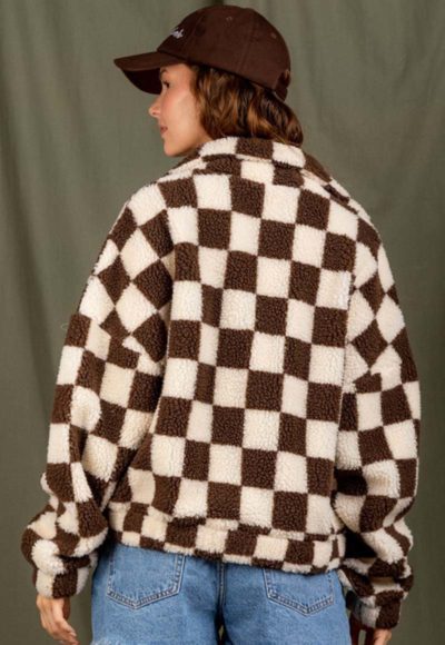brown checkered zip